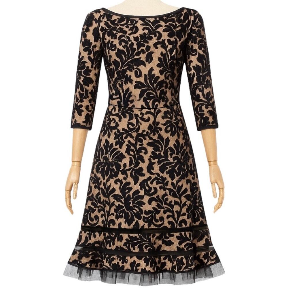 Tadashi Shoji Size 10‎ A-Line Midi Dress Black Corded Embroidery Tulle Overlay